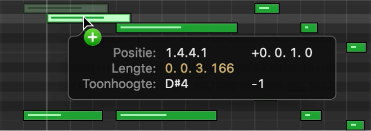 Een noot kopiëren in de pianorol-editor door de Option-toets ingedrukt te houden tijdens het slepen.