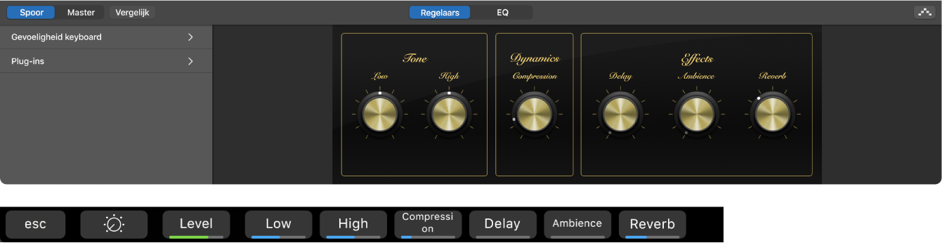 Afbeelding. De Smart Controls voor een spoor voor een software-instrument en dynamische toetscombinaties in het Smart Controls-scherm.