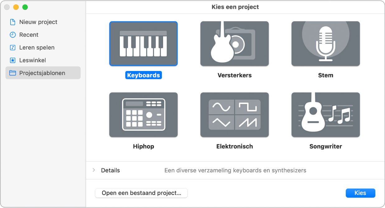 Projectkiezer met sjablonen voor nieuwe projecten.