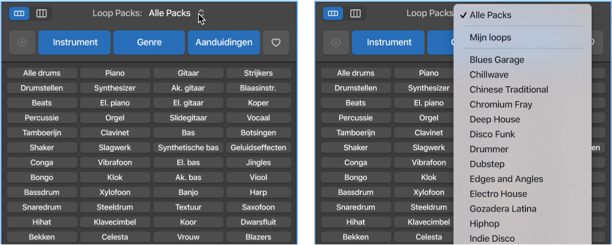 Het venstermenu 'Loops'.