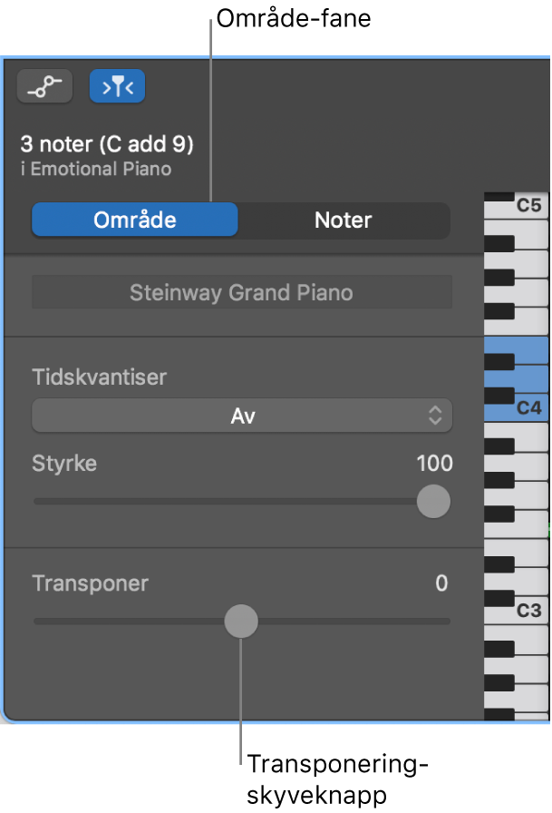 Pianorullredigerer-inspektør, som viser Område-fanen og Transponer-skyveknappen.