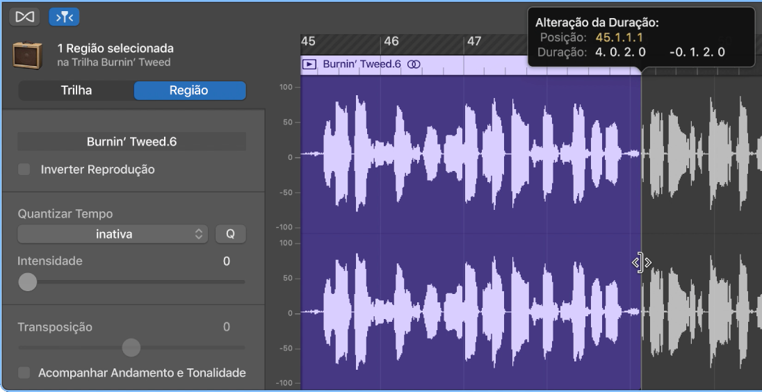 Recortando uma região no Editor de Áudio, exibindo o cursor de Recorte e a etiqueta de Ajuda.