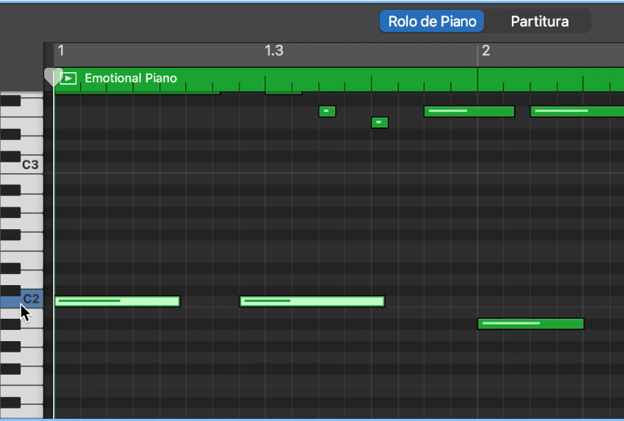 Seleção de notas do mesmo tom, clicando no teclado da borda esquerda do Editor de Piano de Rolo.