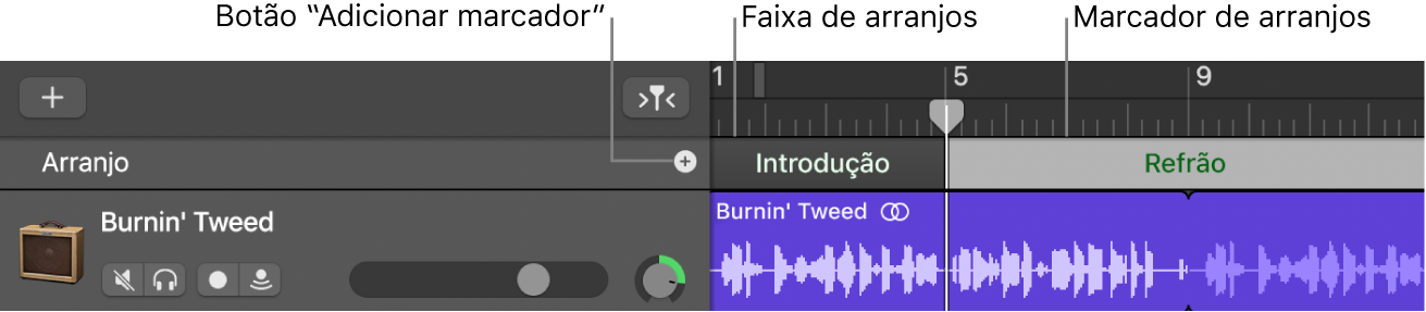 Faixa de arranjos a ilustrar o botão “Adicionar marcador” e a região de arranjos.