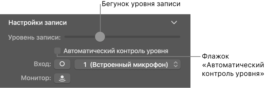 Бегунок «Уровень записи» и флажок «Автоматический контроль уровня» в инспекторе пульта Smart Controls.