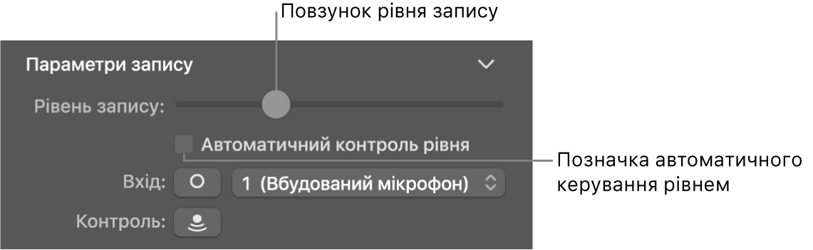 Повзунок рівня запису та позначка автоматичного керування рівнем в інспекторі Smart Controls.