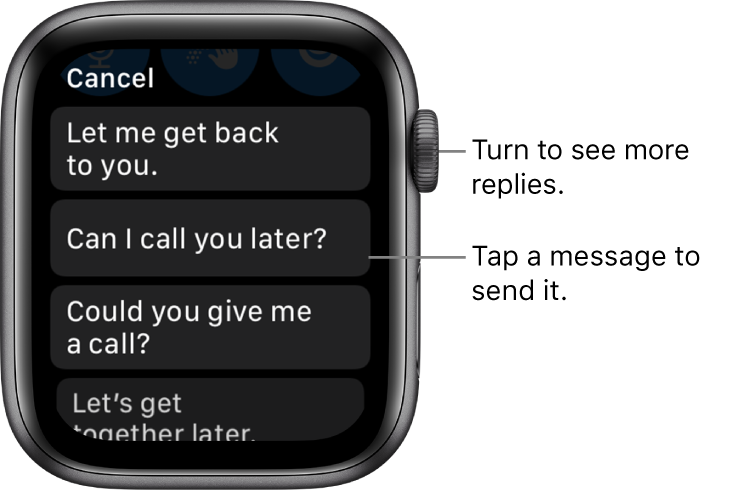 Mail screen showing Cancel button at top, and three preset replies (“Let me get back to you.”, "Can I call you later?", and "Could you give me a call?").