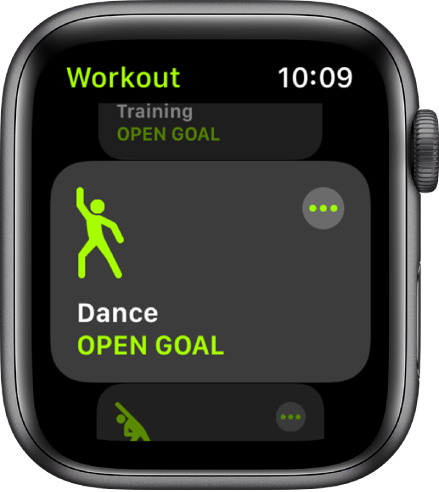 Lietotnes Workout ekrāns, kurā iezīmēta treniņa opcija Dance.