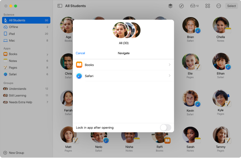 The Classroom window’s Navigate pane showing a group of selected students and above it two destinations to choose from—Books and Safari.