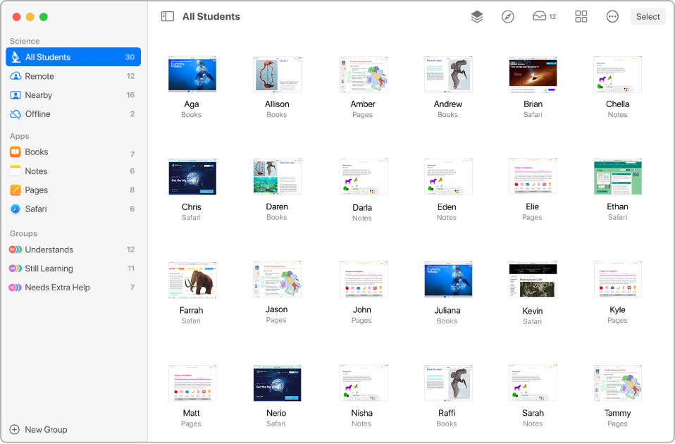 A Classroom window showing the Screens button selected in the row of actions and a selected group showing screens that can now be viewed.