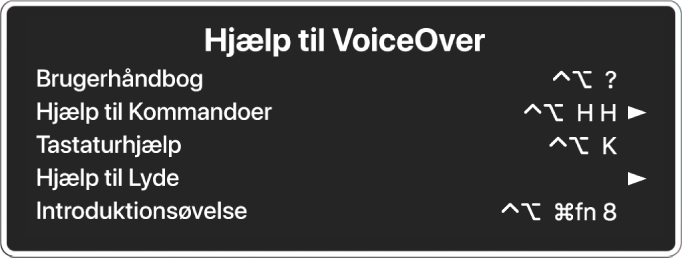 VoiceOver-hjælpemenuen er et vindue, der viser følgende fra top til bund: Hjælp på skærmen, Hjælp til kommandoer, Tastaturhjælp, Hjælp til lyde, Introduktionsøvelse og Introduktion. Til højre for hvert emne står den VoiceOver-kommando, som viser emnet, eller en pil, der åbner en undermenu.