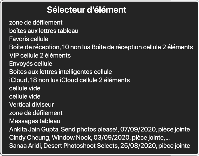 Le sélecteur d’élément est une sous-fenêtre qui répertorie des éléments, notamment une zone de défilement vide, un bouton de fermeture, une barre d’outils et le bouton Partager.