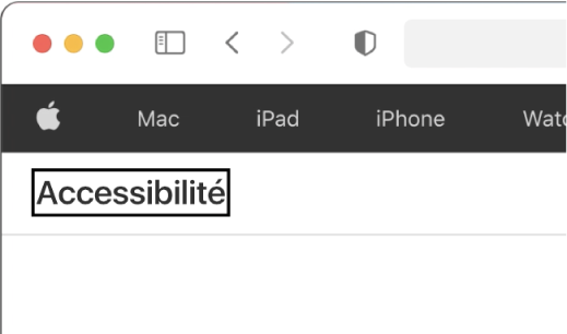 Le curseur VoiceOver, un contour rectangulaire sombre, centré sur le mot « Accessibilité » affiché à l’écran.