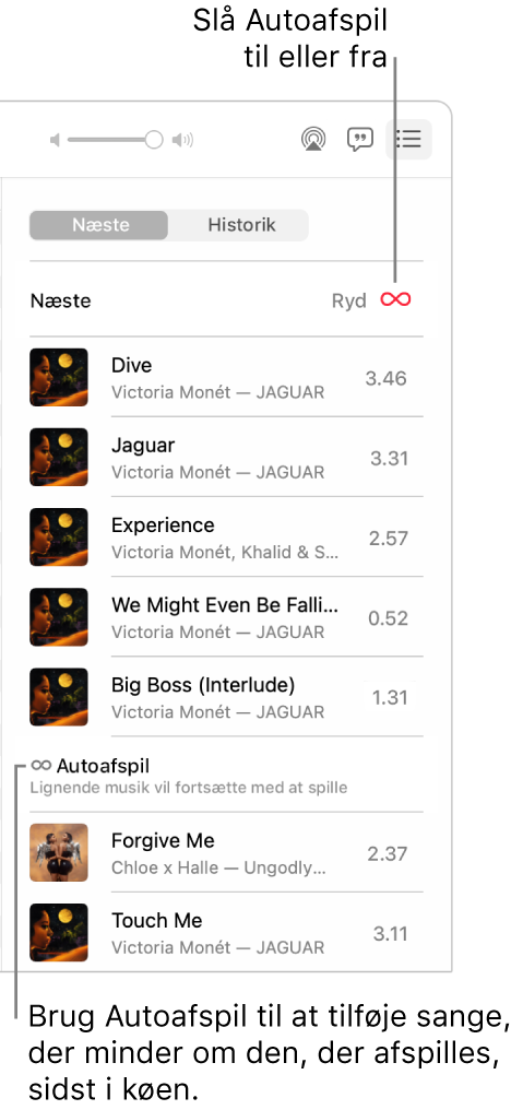 Køen Næste. Klik på knappen Autoafspil for at slå den til eller fra. Når Autoafspil er slået til, tilføjes lignende sange sidst i køen.