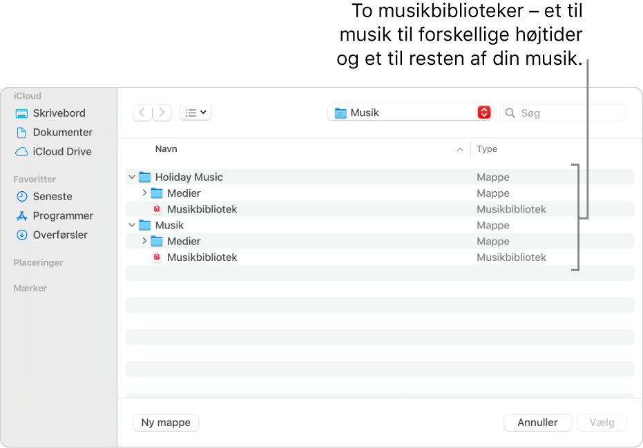 Vinduet Finder viser flere biblioteker – et for feriemusik og et for resten af din musik.