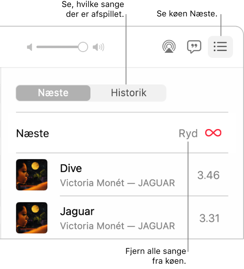 Det øverste højre hjørne af vinduet Musik med knappen Næste i banneret, der viser køen Næste. Klik på linket Historik for at se listen over tidligere afspillede sange. Klik på linket Ryd for at fjerne alle sange fra køen.