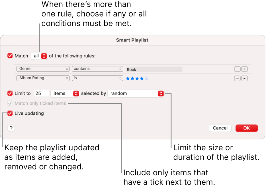 The Smart Playlist dialogue: In the top-left corner, select Match, then specify the playlist criteria (such as genre or rating). Continue to add or remove rules by clicking the Add or Remove button in the top-right corner. Select various options in the lower portion of the dialogue such as limiting the size or duration of the playlist, including only songs that are checked or having Music update the playlist as items in your library change.