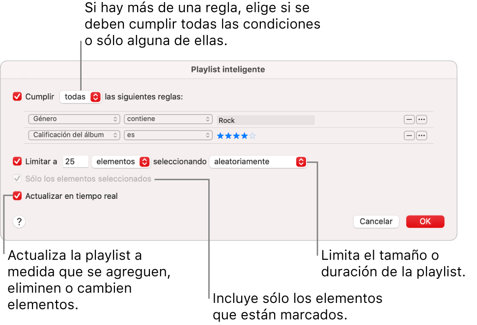 El diálogo de la playlist inteligente: en la esquina superior izquierda, selecciona Cumplir y especifica los criterios de la playlist (por ejemplo, un género o calificación). Continúa agregando o eliminando reglas haciendo clic en el botón Agregar o Eliminar en la esquina superior derecha. Selecciona varias opciones en el área inferior del diálogo, por ejemplo, puedes limitar el tamaño o la duración de la playlist, incluir sólo las canciones seleccionadas o hacer que Música actualice la playlist como elementos en tu cambio de biblioteca.