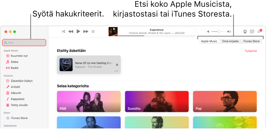 Apple Music -ikkuna, jossa näkyy hakukenttä vasemmassa yläkulmassa, kategorialuettelo keskellä sekä Apple Music, kirjastosi ja iTunes Store oikeassa yläkulmassa. Syötä hakukriteerit hakukenttään ja valitse sitten, etsitäänkö koko Apple Musicista, vain kirjastostasi vai iTunes Storesta.