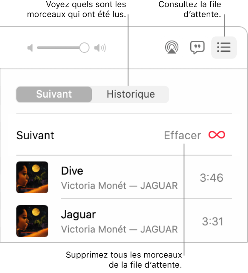 Le coin supérieur droit de la fenêtre Musique avec le bouton Suivant dans la bannière montrant la file d’attente Suivant. Cliquez sur le lien Historique pour consulter les morceaux déjà écoutés. Cliquez sur le lien Effacer pour supprimer tous les morceaux de la file d’attente.