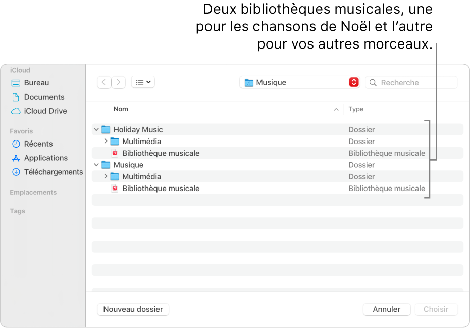 La fenêtre Finder montrant plusieurs bibliothèques : une pour la musique de Noël et l’autre pour le reste de votre musique.