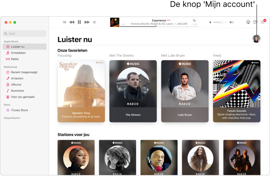 Het Muziek-venster met 'Luister nu' actief. De knop 'Mijn account' bevindt zich rechtsboven in het venster (deze lijkt op een foto of monogram).