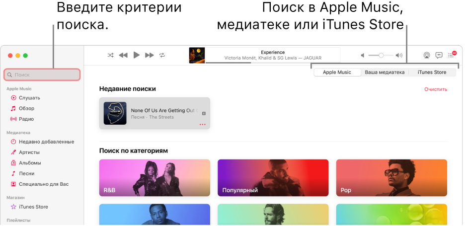 В левом верхнем углу окна Apple Music показано поле поиска, в центре окна показан список категорий поиска, а в правом верхнем углу доступны Apple Music, Ваша медиатека и iTunes Store. Пользователь вводит в поле поиска критерии для поиска, затем выбирает место поиска: все содержимое Apple Music, только содержимое его медиатеки или iTunes Store.