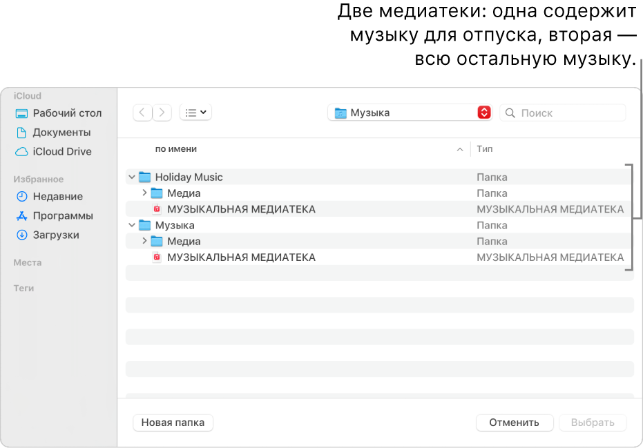 В окне Finder показано несколько медиатек: одна медиатека содержит музыку для отпуска, другая — всю остальную музыку.