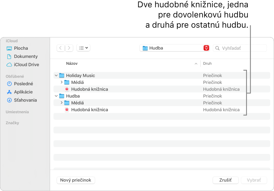Okno Findera zobrazujúce viaceré knižnice – jedna je na dovolenkovú hudbu a druhá na ostatnú hudbu.