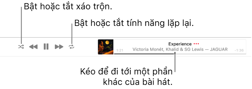 Biểu ngữ có bài hát đang phát. Nút Xáo trộn ở góc trên cùng bên trái; nút Lặp lại ở góc trên cùng bên phải. Kéo thanh thời gian để đi tới phần khác của bài hát.