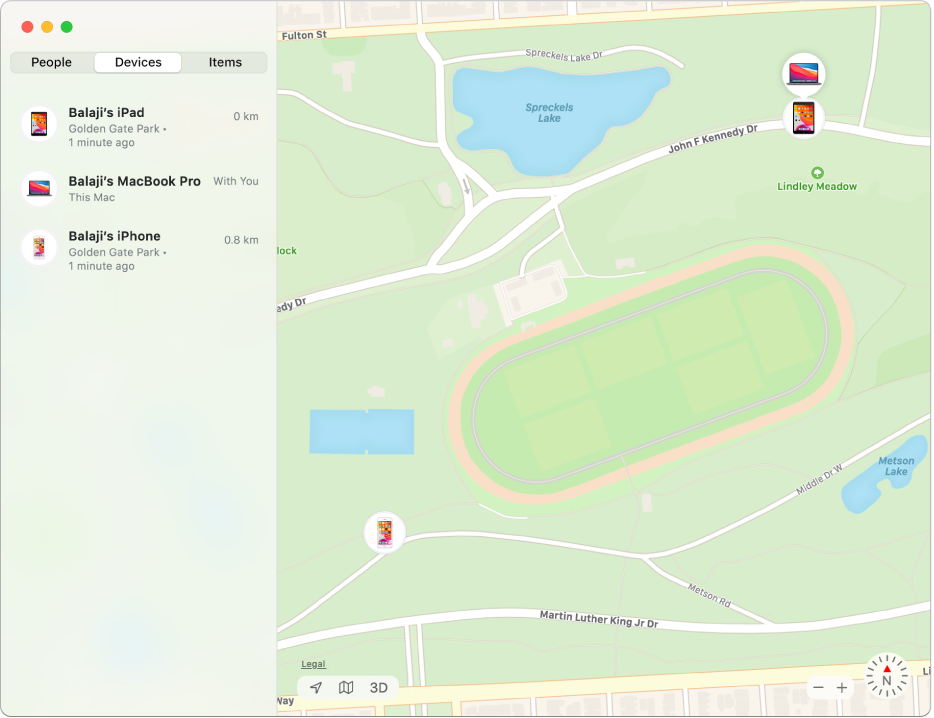 The Find My app showing a list of devices in the sidebar and their locations on a map on the right.