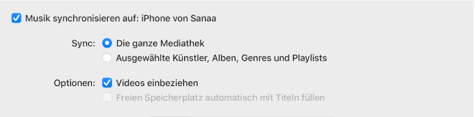 Das Feld „Musik synchronisieren auf:“ wird zusammen mit weiteren Optionen für die Synchronisierung der gesamten Mediathek oder nur von ausgewählten Objekten und den in der Synchronisierung eingeschlossenen Videos und Sprachmemos angezeigt.