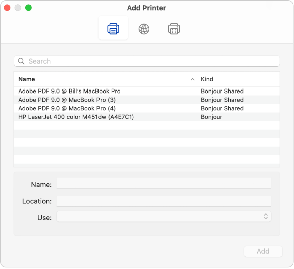 The Add Printer dialog showing the default options for selecting a printer and adding a name, location, and the Use pop-up menu for choosing the printer type.