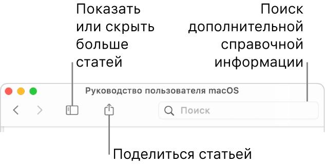 Окно справки. Показаны: кнопка в панели инструментов, позволяющая скрыть или отобразить оглавление; кнопка, позволяющая поделиться темой; и поле поиска по темам справки.