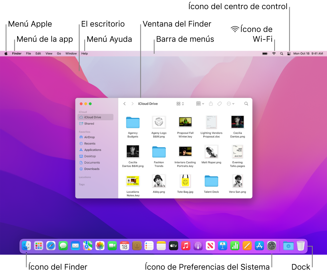 La pantalla de una Mac mostrando el menú Apple, el menú de la app, el escritorio, el menú Ayuda, una ventana del Finder, la barra de menús, el ícono de Wi-Fi, el ícono del Centro de control, el ícono de Pedirle a Siri, el ícono del Finder, el ícono de Preferencias del Sistema y el Dock.