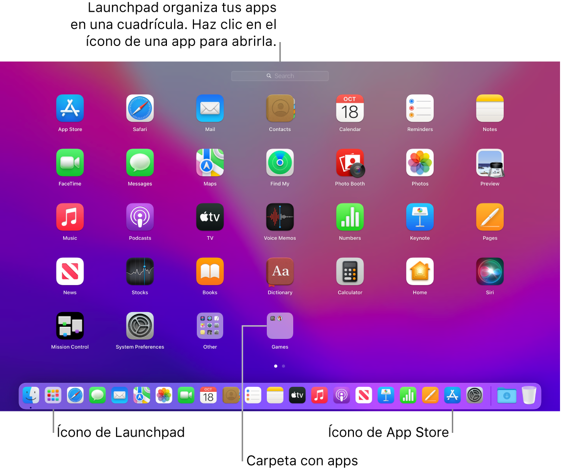 La pantalla de la Mac con el Launchpad abierto, mostrando una carpeta de apps en el Launchpad y los íconos del Launchpad y de App Store en el Dock.