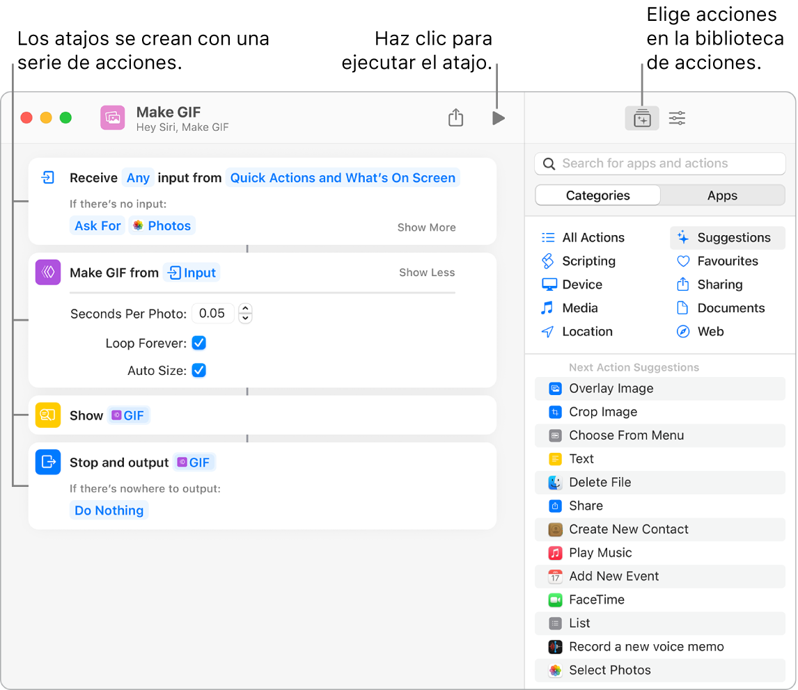 El editor de atajos “Crear GIF” en la parte izquierda y la biblioteca de acciones en la derecha.