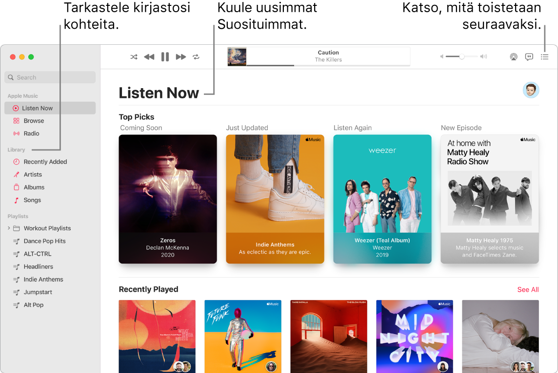 Musiikki-apin ikkunassa näkyy, miten voit katsella kirjastoa, kuunnella musiikkia Apple Musicista ja katsoa, mitä toistetaan seuraavaksi.