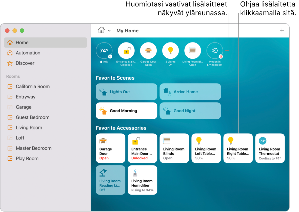 Koti-appi, jossa ovat suosikkitilanteet ja suosikkilisävarusteet.