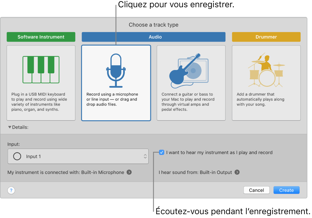 Sous-fenêtre des instruments de GarageBand indiquant où cliquer pour enregistrer la voix et s’écouter au moment de l’enregistrement.