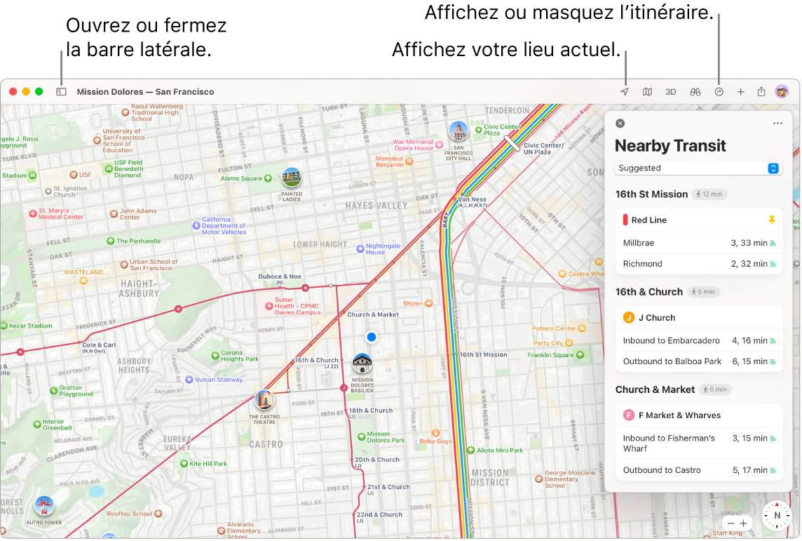 Fenêtre de Plans affichant comment obtenir un itinéraire en cliquant sur une destination dans la barre latérale, comment ouvrir ou fermer la barre latérale, et comment trouver votre position actuelle sur le plan.