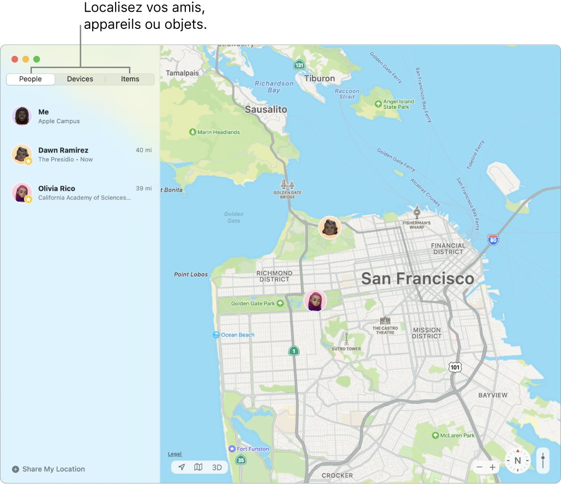 L’onglet Personnes sélectionné sur la gauche et une carte de San Francisco sur la droite avec la position de trois amis.