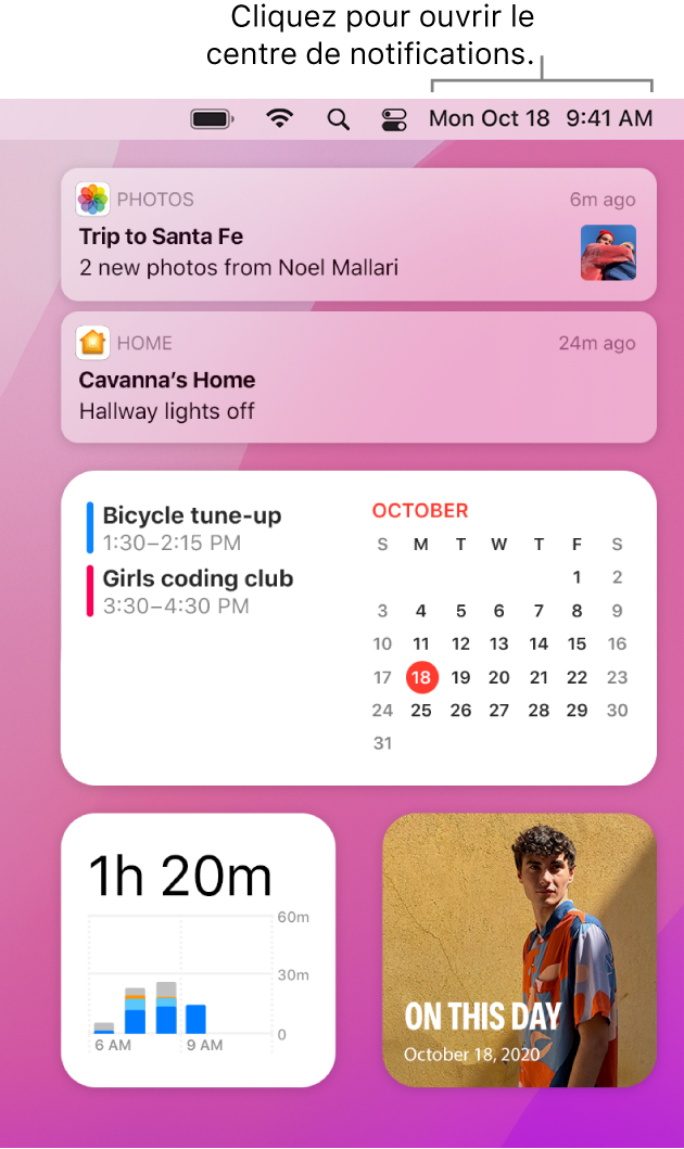 Le centre de notifications avec des notifications et des widgets pour Photos, Accueil, Calendrier et « Temps d’écran ».