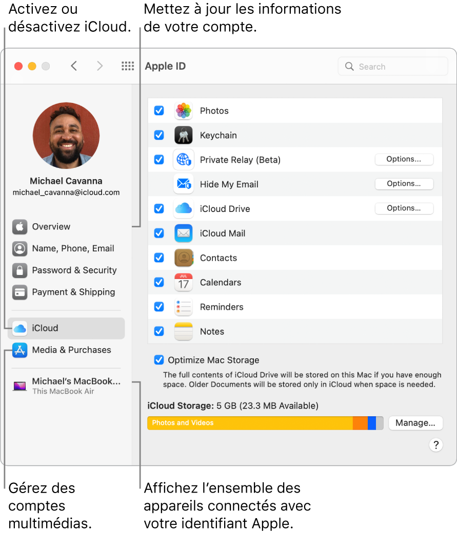 La sous-fenêtre « Identifiant Apple » de « Préférences Système ». Cliquez sur un élément de la barre latérale pour mettre à jour les données de votre compte, activer ou désactiver iCloud, gérer les comptes multimédias et voir tous les appareils connectés avec votre identifiant Apple.