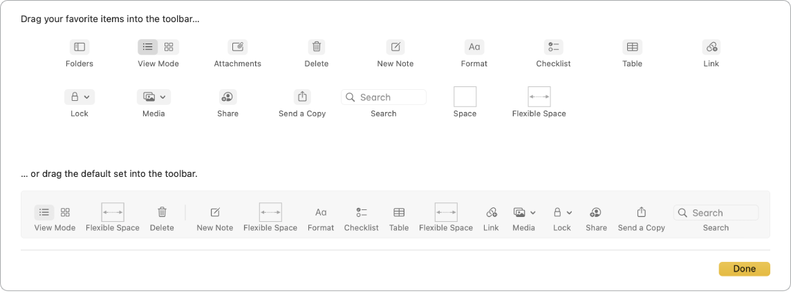 Fenêtre de Notes affichant les options disponibles de la barre d’outils personnalisée.