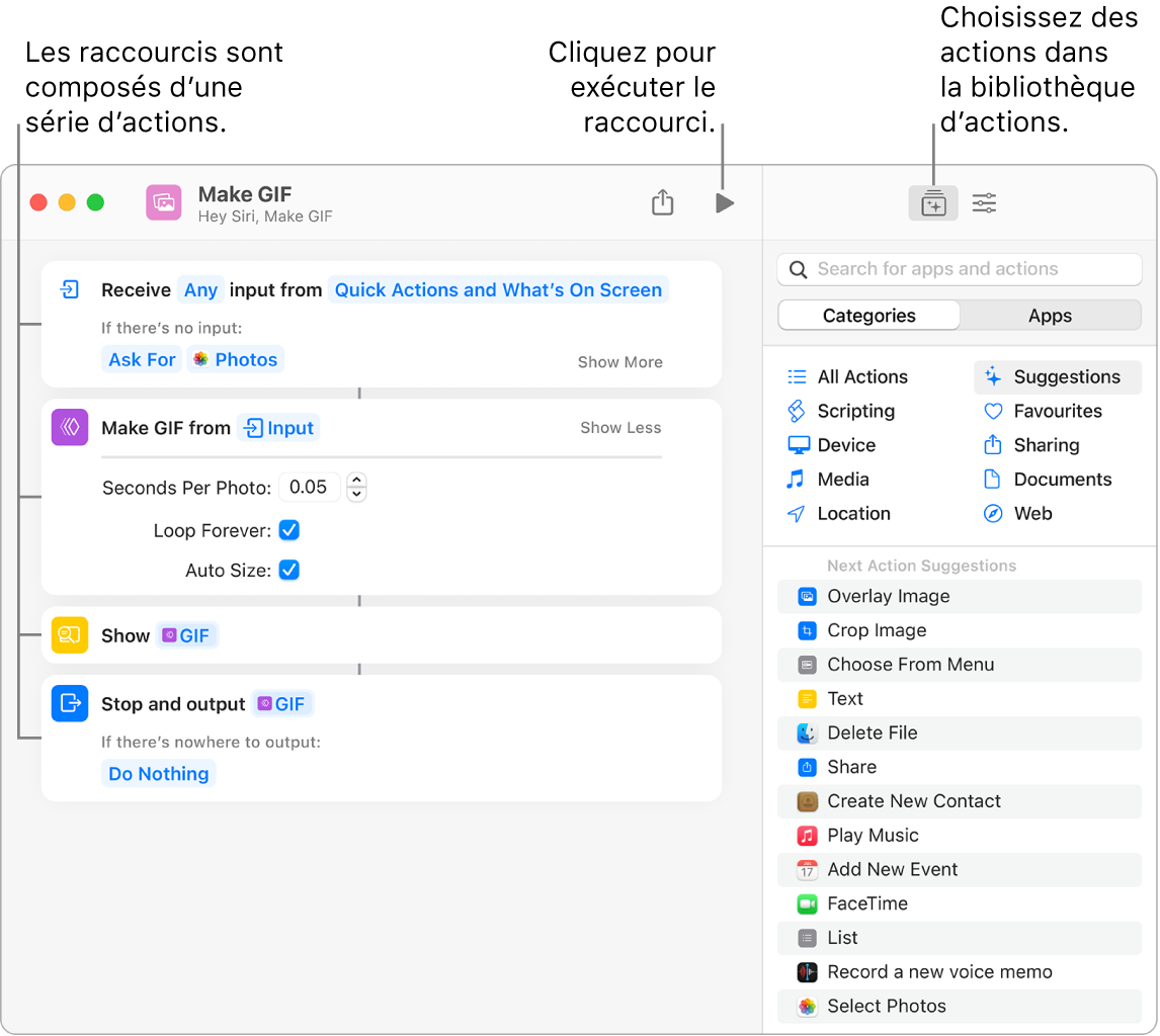 L’éditeur de raccourcis « Créer GIF » sur la gauche et la bibliothèque d’actions sur la droite.