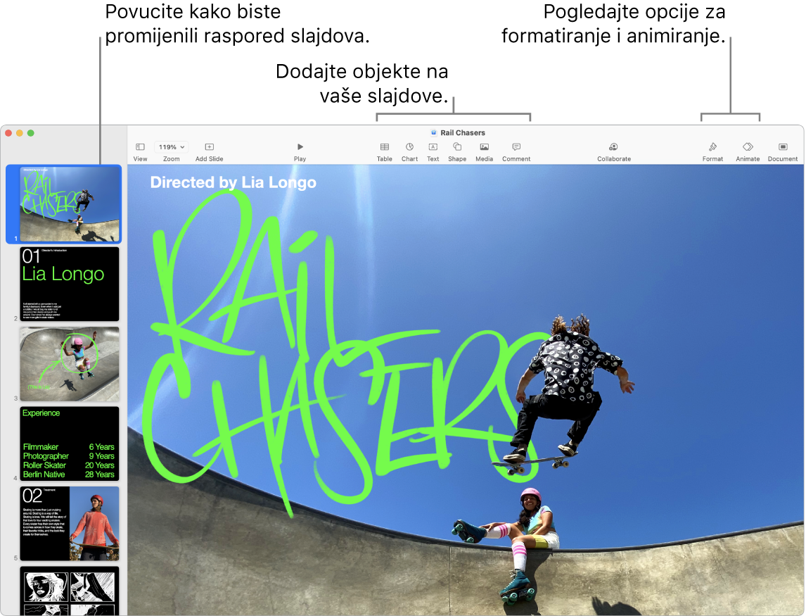 Prozor aplikacije Keynote s prikazom navigatora za slajdove s lijeve strane i načina preraspoređivanja slajdova, alati za uređivanje na vrhu, tipka za suradnju u blizini gornjeg desnog dijela te tipke Format, Animiraj i Dokument s desne strane.