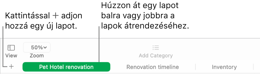 A Numbers ablaka, amelyben a lapok hozzáadásának és átrendezésének módja látható.