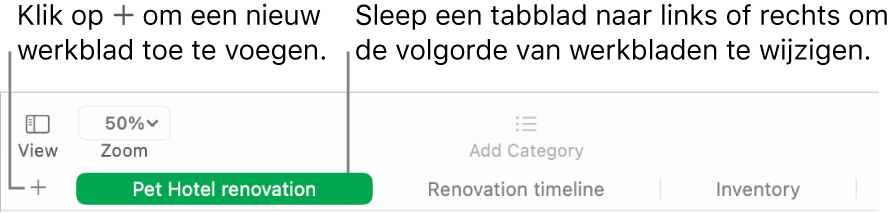 Een Numbers-venster waarin je ziet hoe je een nieuw werkblad toevoegt en hoe je de volgorde van werkbladen wijzigt.