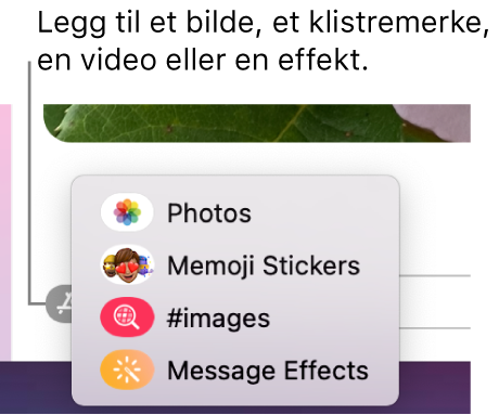 Apper-menyen, med valg for å vise bilder, Memoji-klistremerker, GIF-er og meldingseffekter.